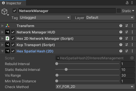 Hex Spatial Hash 2D Component shown in the Inspector